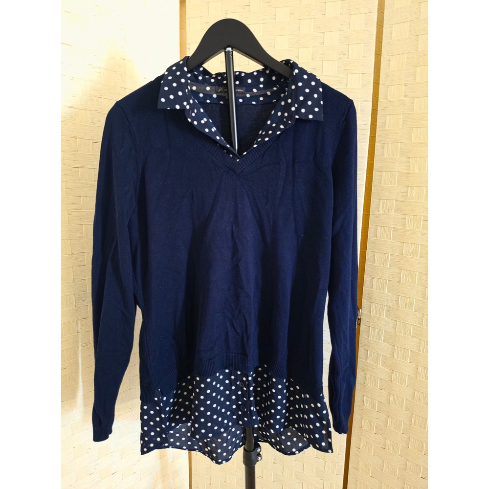 Adrianna Papell Navy Polka Dot Mixed Media Layered Look Sweater Top Large